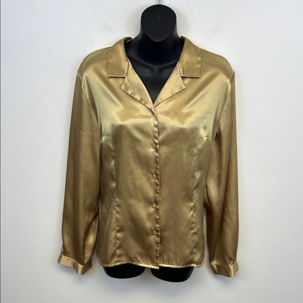 Laura Scott Satin Finish Button Down Dressy Chic Feminine Blouse in Gold Size 16